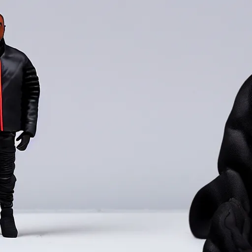Prompt: action figure of kanye west using a full face covering black mask, a small, tight, undersized reflective bright red round puffer jacket made of nylon, dark jeans pants and big black balenciaga rubber boots, action figure, 5 points of articulation, full body, 4 k, highly detailed