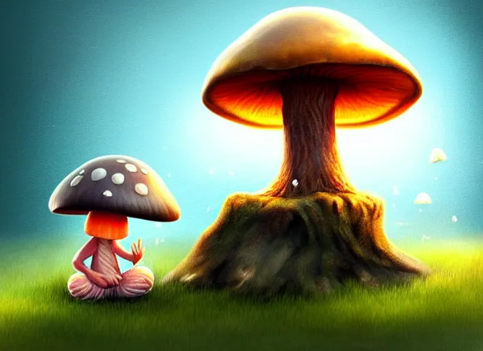 Image similar to a cute creature sitting next to a mushroom, illustration for a children's book, digital art, detailed, rim light, exquisite lighting, clear focus, very coherent, soft lighting, character design, concept, atmospheric, dystopian, sci - fi, dark, trending on artstation, fog, sun flare