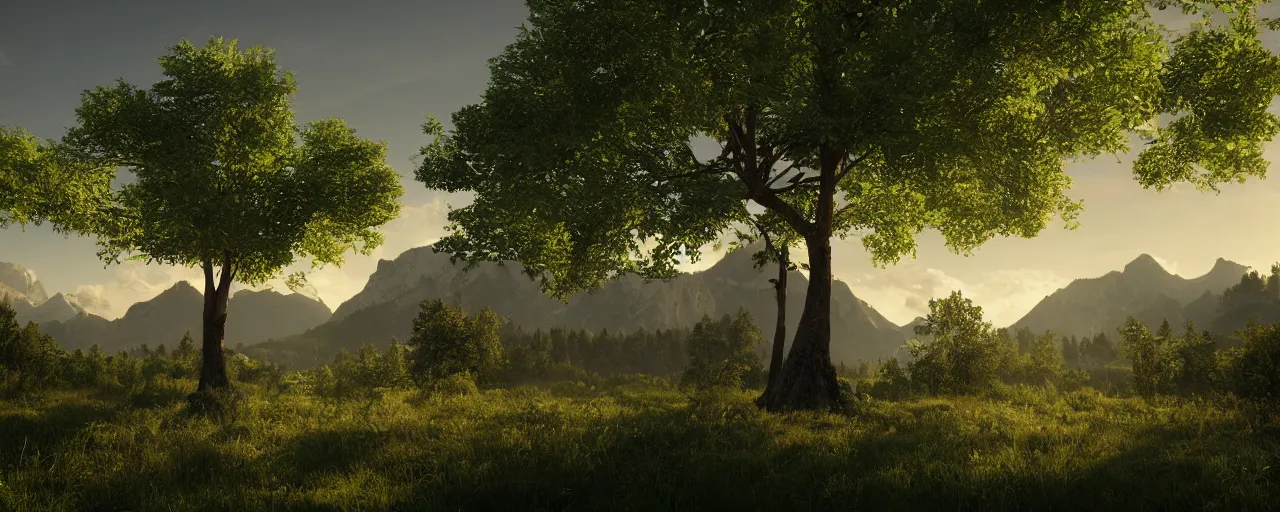 Image similar to big realistic tree near to a river on sunset with reflection on the leaves and mountains in the background, landscape, extremely high fidelity, 8 k, super resolution, concept art, cinematic view, super resolution, unreal engine 5, perspective 3 d octane render, light rays, lens flare, epic, hyperdetailed