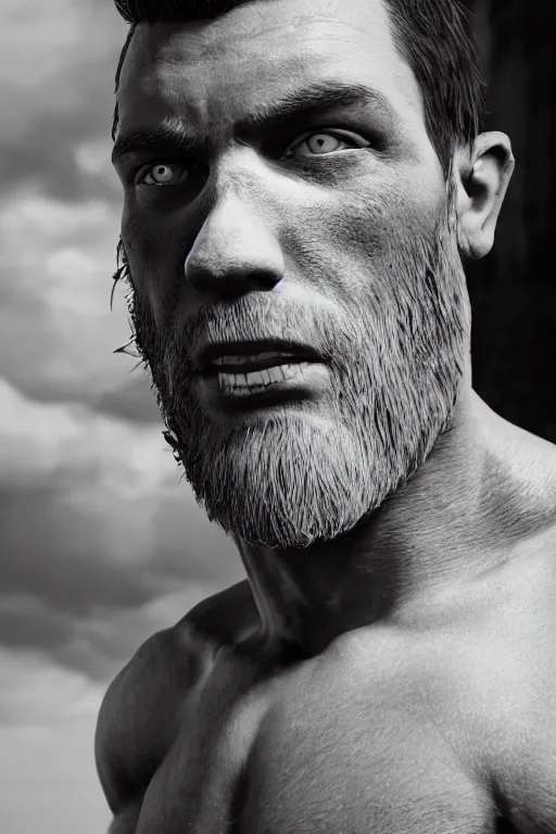 Prompt: a single muscular man wearing torn clothes, looking to the right, profile picture, hyperrealistic, concept art, octane render, unreal engine 5, trending on artstation, high quality, highly detailed, 8 k, dramatic lighting, cinematic, high coherence, anatomically correct, five fingers, digital art, seductive, black and white, big beard