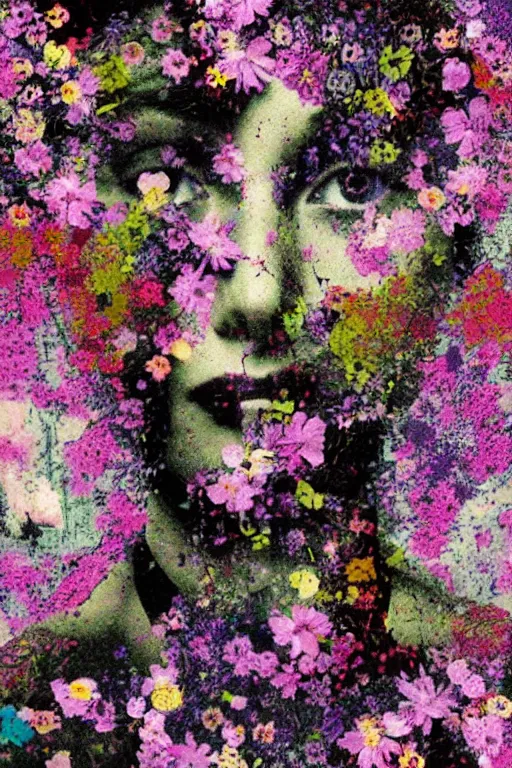 Image similar to glitch abstraction made from collage of female medieval faces mixed with flowers