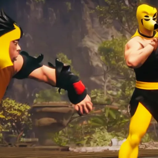 Image similar to gameplay screenshot of bruce lee vs donald duck in mortal kombat 1 1,