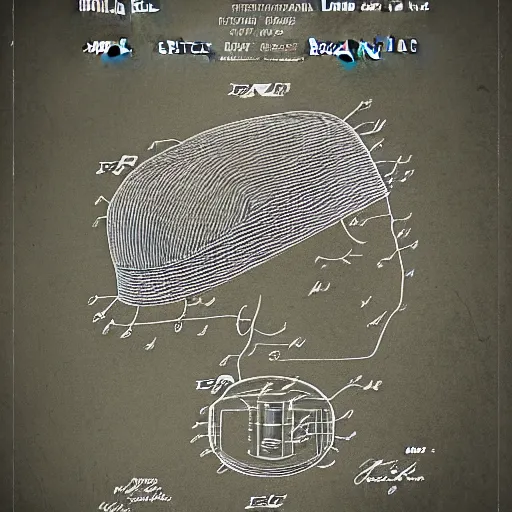 Image similar to patent drawing of a sleeping man in a nightcap with lots of labels. technical drawing. mathematical.