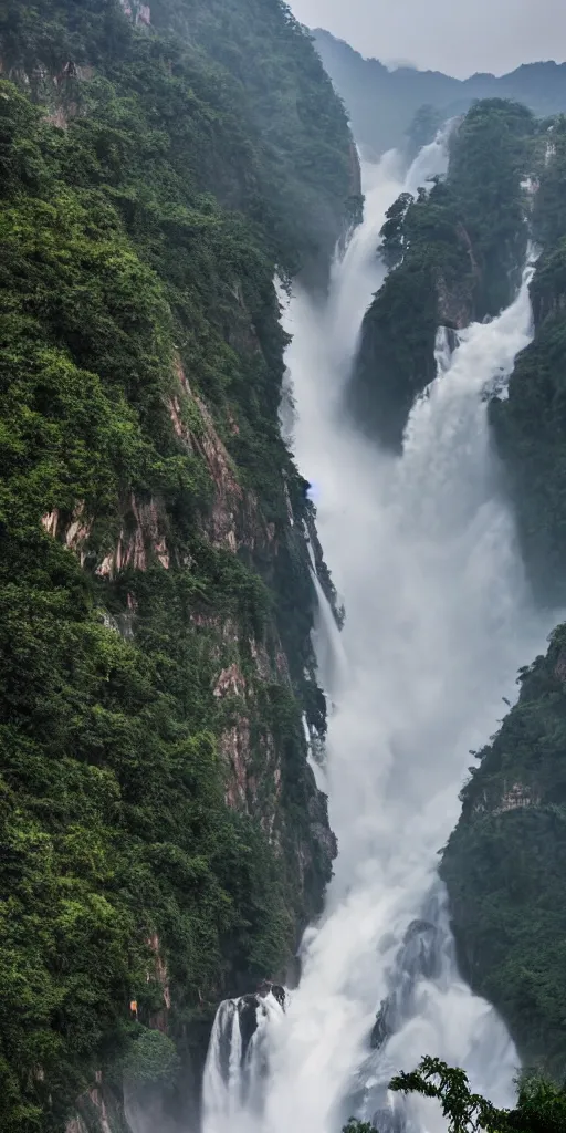 Image similar to a Cloudy peak in southern China with one waterfall, the style of National Geographic magazine