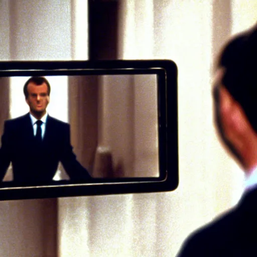 Prompt: Emmanuel Macron reflections in the mirror in American Psycho (1999)