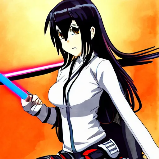 Image similar to generic anime girl with lightsaber driving general Lee.