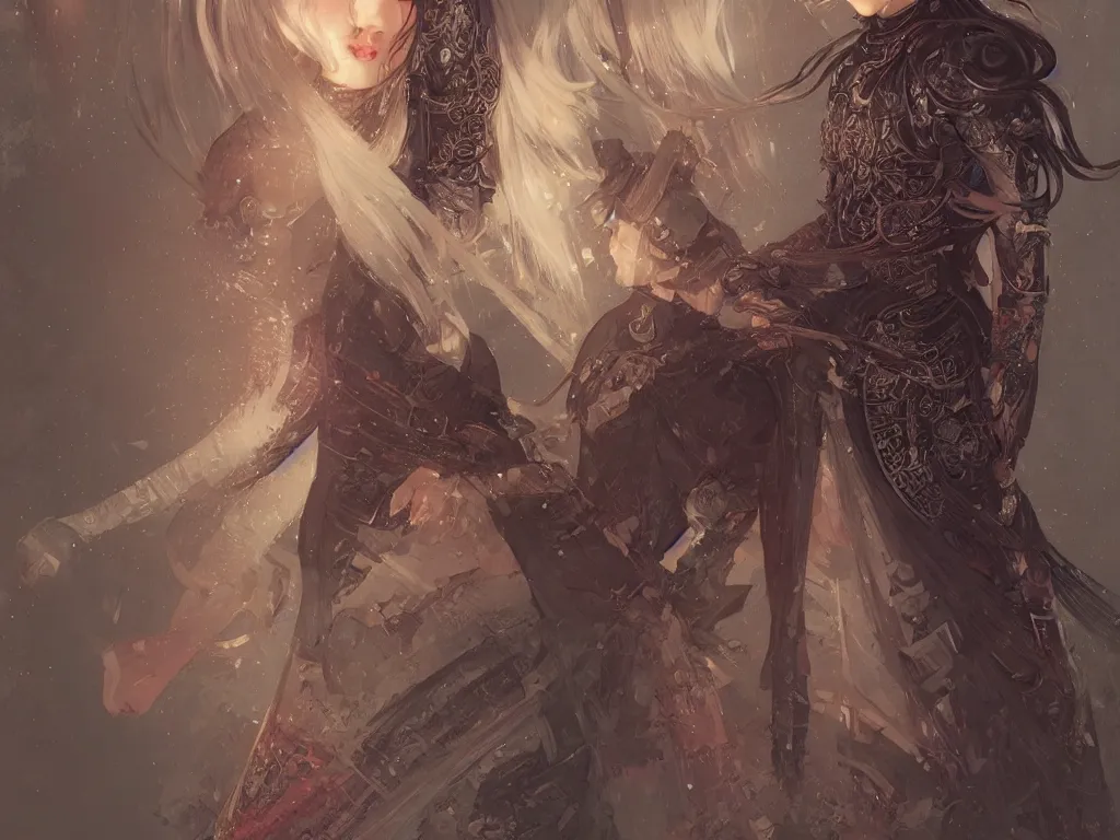 Image similar to portrait jisoo blackpink, grey hair armored samurai clothes, in fire japanese temple wet night, ssci - fi and fantasy, intricate and very very beautiful and elegant, highly detailed, digital painting, artstation, concept art, smooth and sharp focus, illustration, art by tian zi and wlop and alphonse mucha