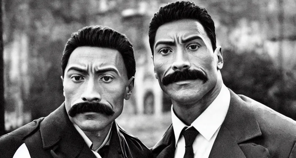 Prompt: dwayne johnson as joseph stalin, black and white photo, award winning