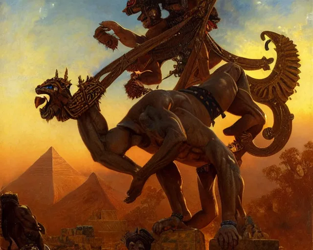 Image similar to muscular male aztec deity, casting aztec magic, summoning handsome panther night star. ritual pyramidic magic. highly detailed painting by gaston bussiere, craig mullins, j. c. leyendecker 8 k