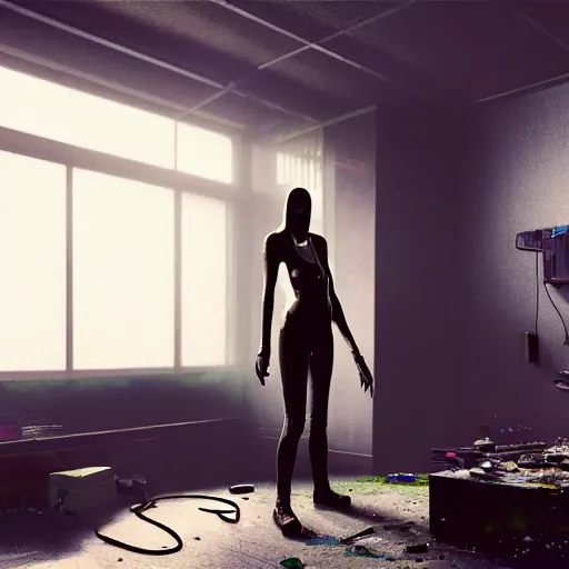 Prompt: the invisible man stands silently in the corner of the room watching a cyberpunk girl jacking into the metaverse, dirty apartment, messes of cables and old technology, trending on artstation, Vanessa beecroft, Cedric Peyravernay, Greg Rutkowski, artgerm, deviantart, octane render, cinematic look, 8k, very detailed, photo realistic