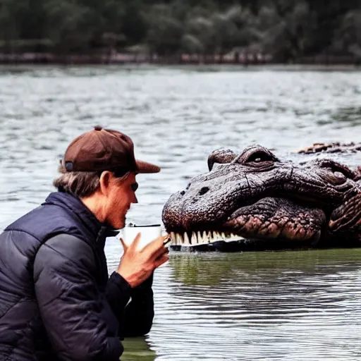 Image similar to photo of a man talking to a huge crocodile while having coffee, award - winning photograph, national geographic, high definition, trending on facebook, 8 k