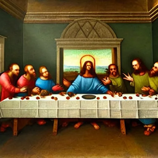 Prompt: a renaissance painting of minions at the last supper