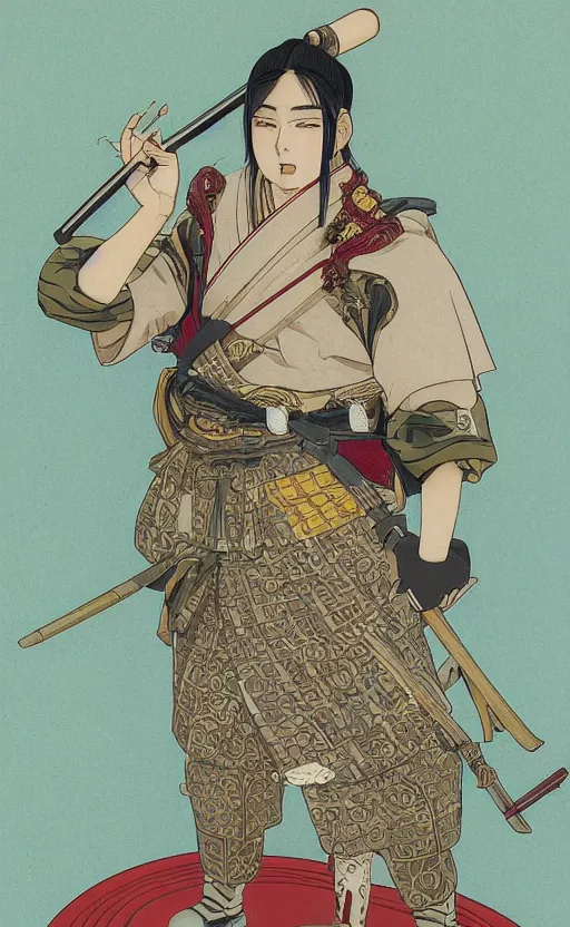 Prompt: portrait of a yari ashigaru, highly detailed, high resolution, japanese castle in the background, full color manga visual style, illustration, stunning, shogun era, bokeh soft, matte, 100mm, by professional photographer, hayao miyazaki, ilya kuvshinov, alphonse mucha, studio mappa, realistic human anatomy, realistic army, realistic weapons, shot with a arriflex 35 ii, low saturation, small eyes