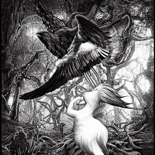 Image similar to white crow bringing rabbit leg to a witch by Android Jones and M. C. Escher collaboration, futurist, digital art, dramatic lighting