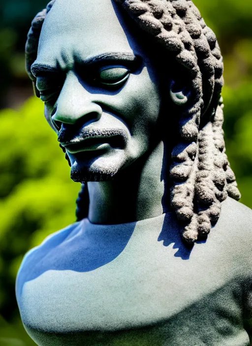 Image similar to snoop dog as marble statue, soft surface texture, very realistic 3 d render, soft sun lights, 4 k, high detailed photography result, in marijuanas gardens, 5 0 mm lens