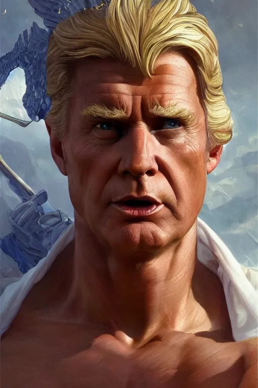 Image similar to President Donald J Trump as a Greek god, detailed face, gorgeous, amazing, muscular, fit, very muscular male body, Caesar victorious, crown ruler, intricate, highly detailed, digital painting, artstation, concept art, sharp focus, illustration, art by greg rutkowski and alphonse mucha