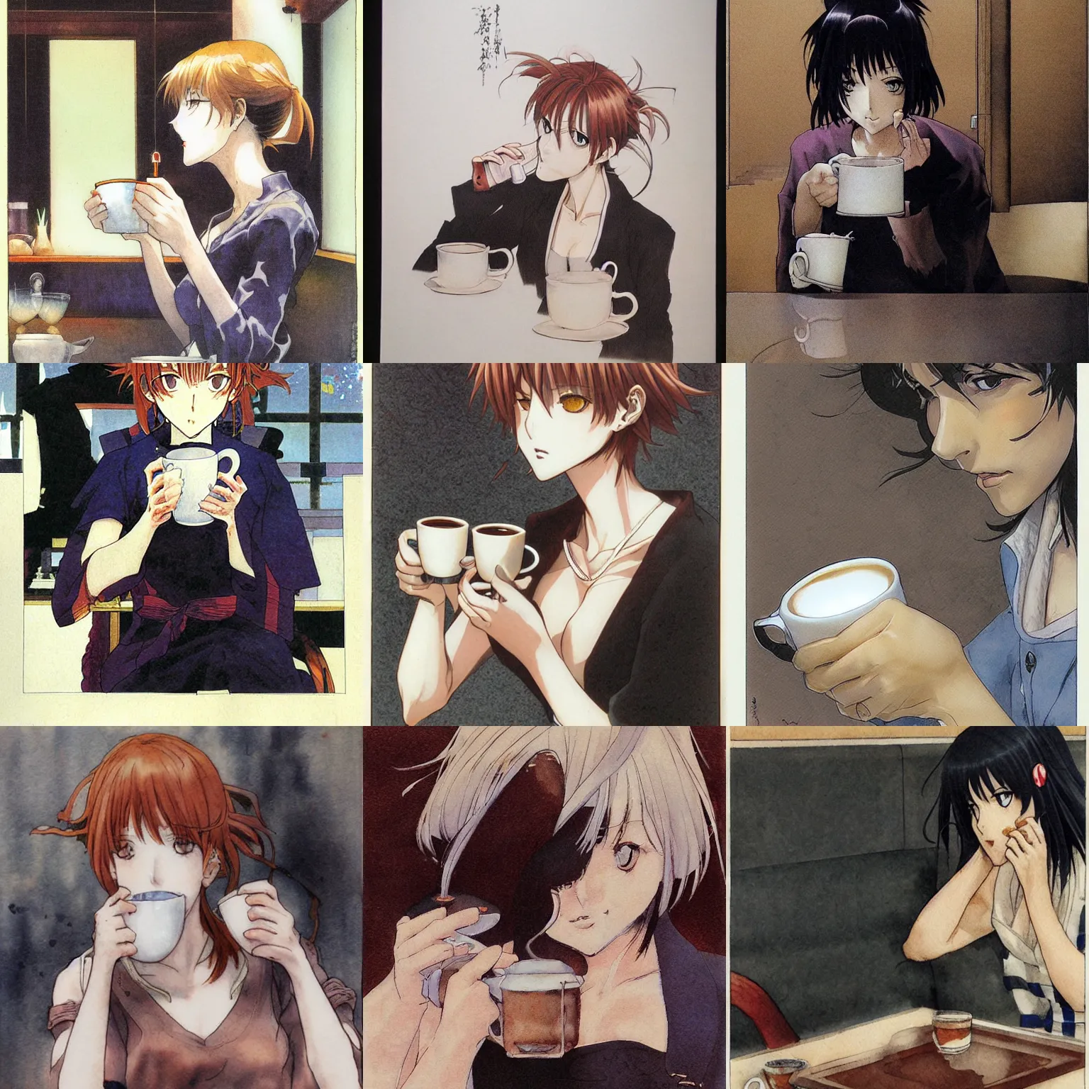Prompt: woman drinking coffee, by yoshiyuki sadamoto