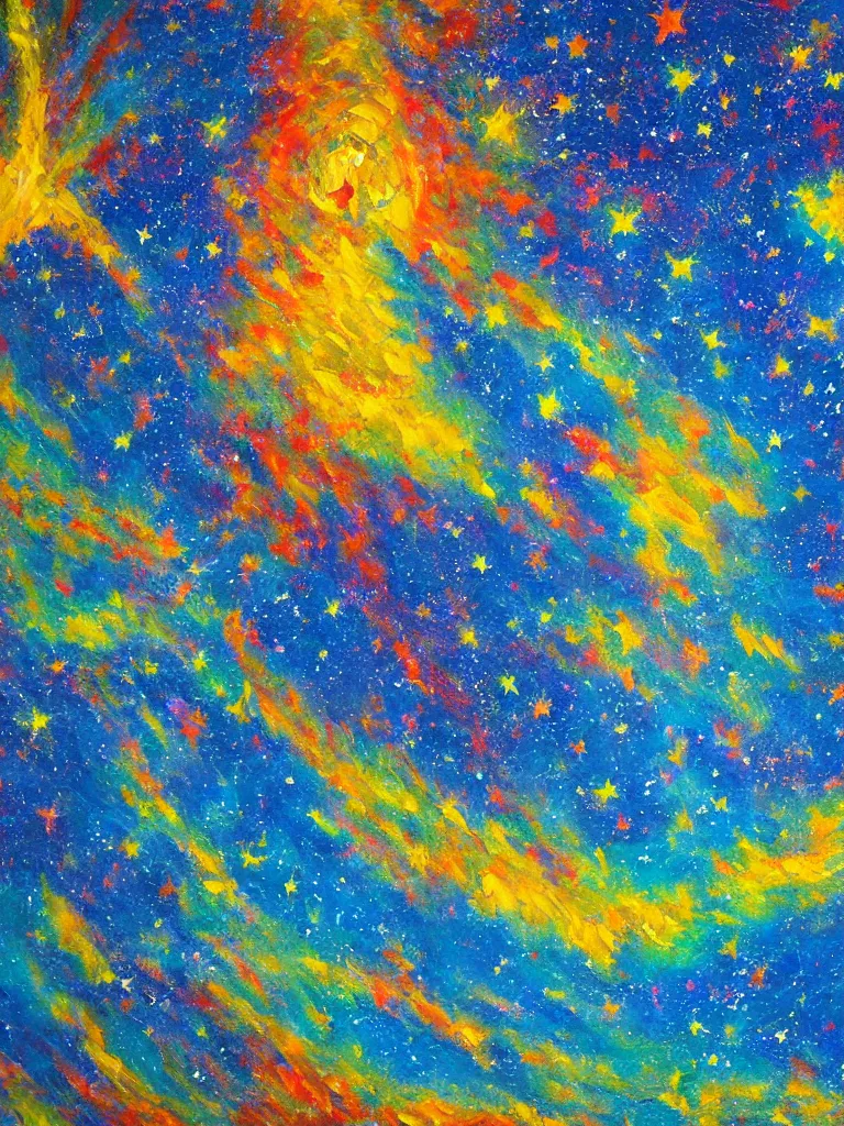 Prompt: an impasto oil painting of the universe expanting infinite with bright colors and shooting stars