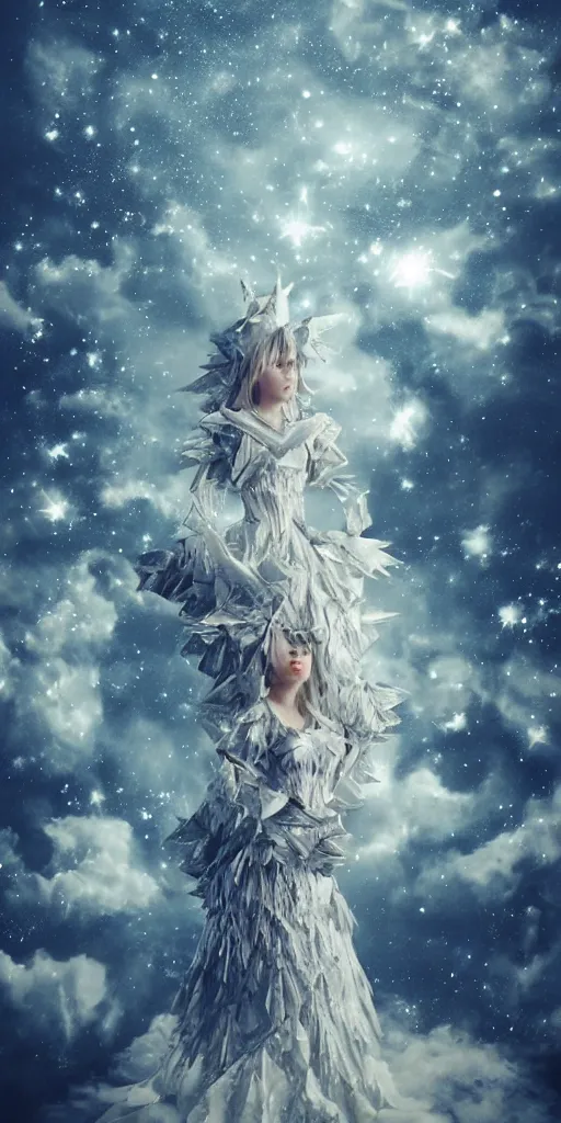 Prompt: background is a stary night sky, castle made of clouds, looking up towards an anthropomorphic space woman wearing a flowing paper couture dress with puffy leggings, paper stars, many origami birds, eery light, 3D, very detailed, octane render, trending ArtStation, artgem