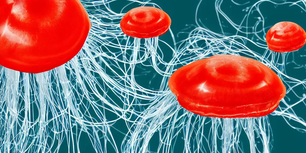 Image similar to hamburger mix jellyfish, cg, 8 k, surrealistic, sharp focus, silver color, super resolution, style by andy warhol