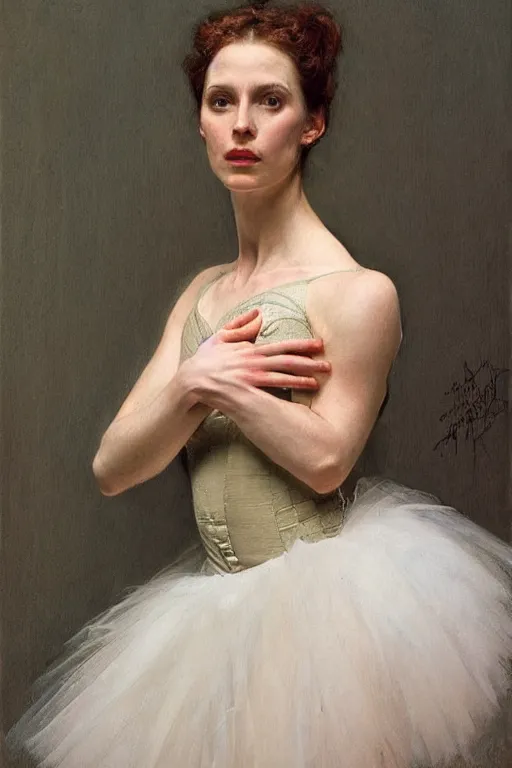 Image similar to portrait of a gorgeous graceful irish prima ballerina, by donato giancola and berthold woltze.