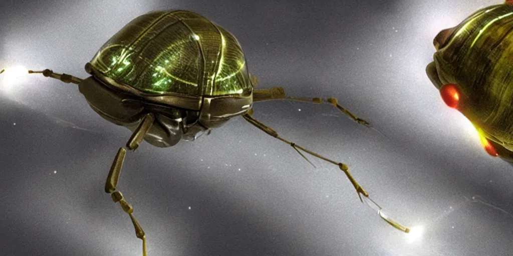 Image similar to lightning bug descendant 1 million in the future is a quadruped with big eyes with rgb ambient lighting ( bug ). the bug wears a spacesuit, and explores the cosmos in a bug - shaped spaceship. science fiction blockbuster movie bugs save the planet or the love bug from saturn, dramatic lighting, interstellar film ( 2 0 1 4 )