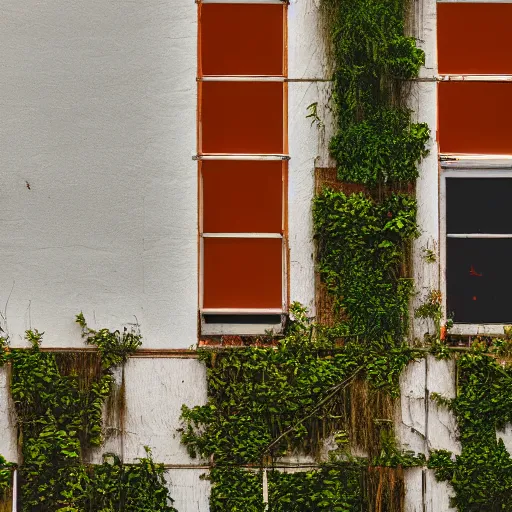 Image similar to overgrown building with white walls, orange light comes from inside, night