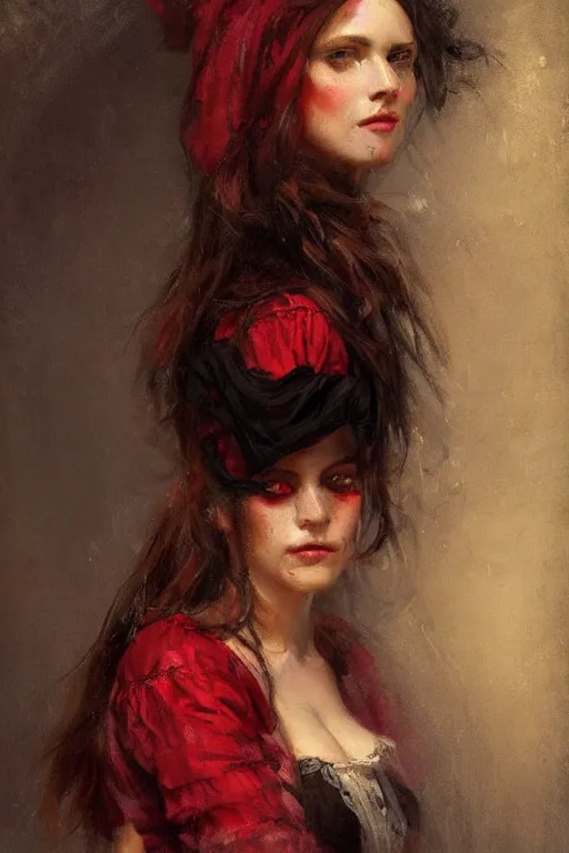 Prompt: Solomon Joseph Solomon and Richard Schmid and Jeremy Lipking victorian genre painting full length portrait painting of a young beautiful woman traditional german french pirate wench in fantasy costume, red background