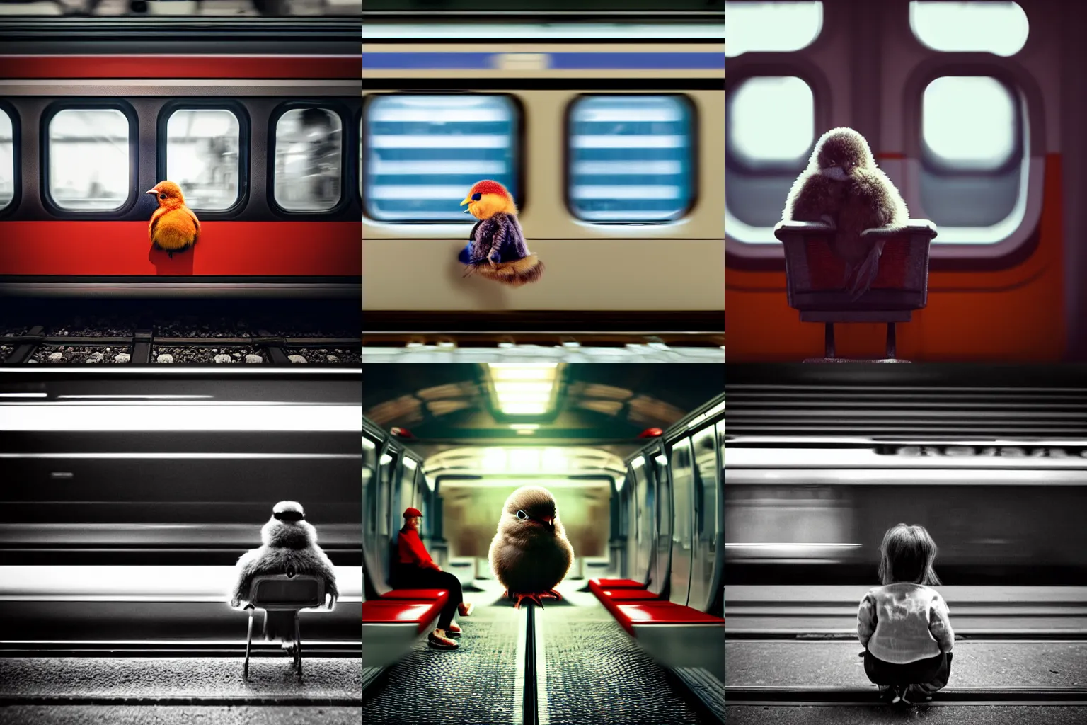 Prompt: a small chick is seated inside the DB train waiting for time to pass, professional photography editorial image, trending on Artstation cinematic shot