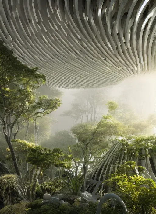 Image similar to a photo of a futuristic biomimicry oasis interior + the interior is elegant and made of a biomimicry nature with ornate patterns + photo taken on a misty morning + architectural photography, 8K, photorealistic