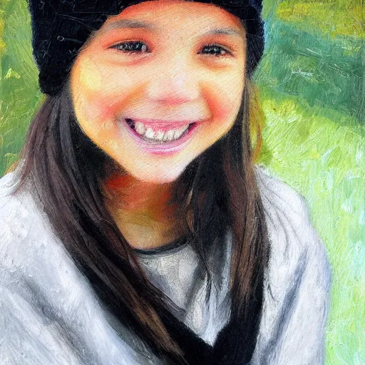 Image similar to painting of a girl with large smile, black color, beanie, impressionist style