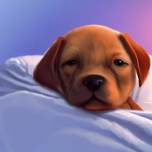 Prompt: cozy puppy tucked into bed, ultra detailed high quality digital art 4 k trending on artstation trending on r / aww