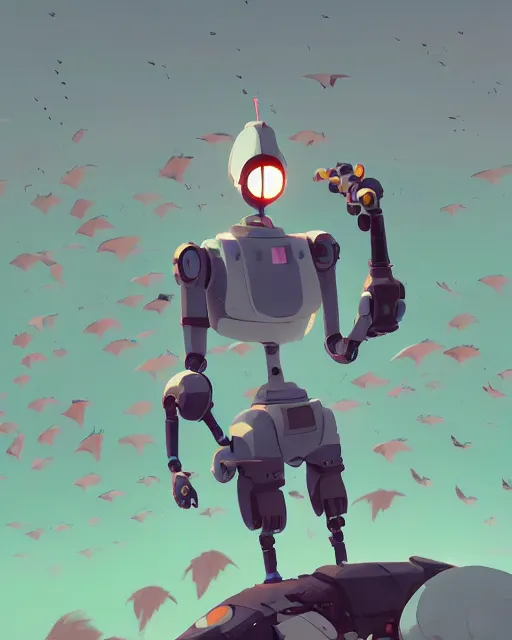 Image similar to a robot surrounded by a flock of birds, cory loftis, james gilleard, atey ghailan, makoto shinkai, goro fujita, character art, exquisite lighting, clear focus, very coherent, plain background, soft painting