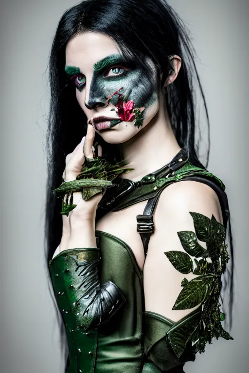 Image similar to very beautiful orcish top model, dark green hair, wearing valentin yudashkin gothic victorian armor with leaves and flowers, luxury materials, symmetrical, cinematic, elegant, professional studio light, real dlsr photography, sharp focus, 4 k, ultra hd, sense of awe, high fashion