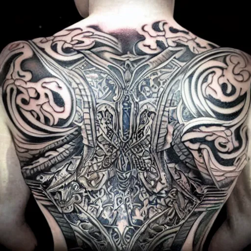 Prompt: a photo off a full body tattoo in the style of neo tribal