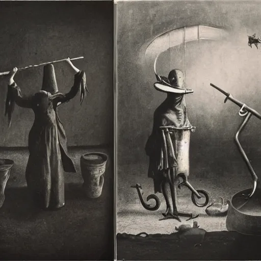 Prompt: collodion photography, plague doctors in the mist with weird rube goldberg machines, minimalist, joel peter witkin, heironymus bosch, gustave dore, beksinski, giger'