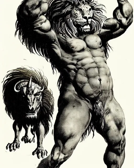 Prompt: a creature with the body and eyes of a man, beak of an eagle, the mane of a lion, two horns of an ox on the head. drawn by frank frazetta