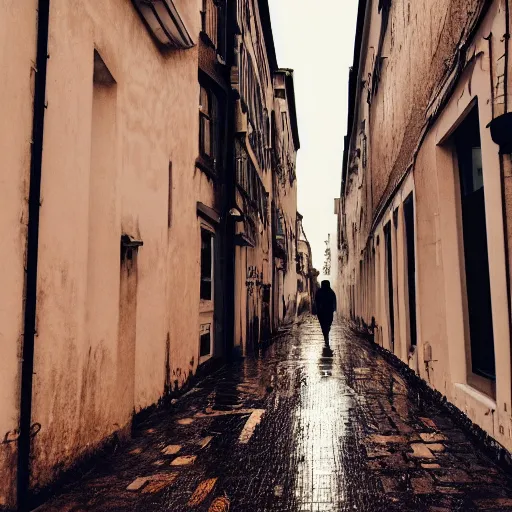 Prompt: a picture of a lonely sad sobbing person walking along a narrow street, the street is surrounded by tall buildings, realistic, sad mood, rain, at dusk, frog perspectief