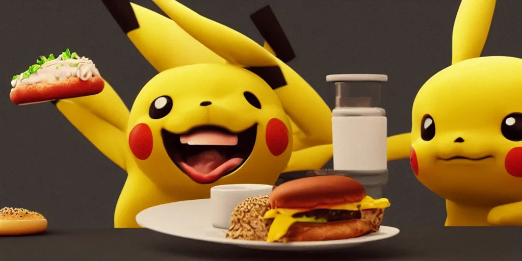 Prompt: a realistic Pikachu eating a hamburger, digital art, highly detailed, hyperrealistic, photorealistic, unreal engine 5, dynamic lighting, trending on artstation, 4k uhd, epic composition