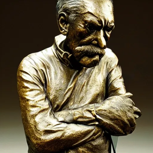 Image similar to patina bronze sculpture, old man with cane, in museum, soft light, kodak gold 2 0 0,