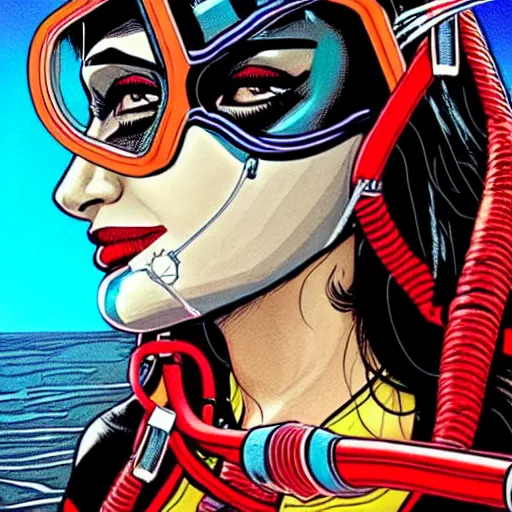 Image similar to a profile photo of a pakistani woman with a diving oxygen mask with side profile blood in ocean intricate details by MARVEL comics and Sandra Chevrier-C