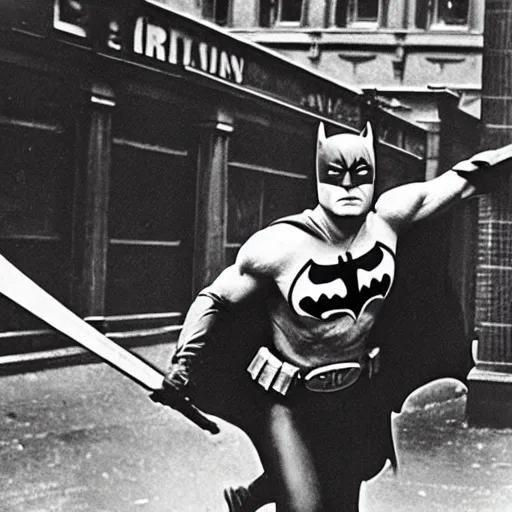 Image similar to a close - up old black and white photo, 1 9 1 3, depicting batman fighting a bad guy in an ally of new york city, rule of thirds, historical record