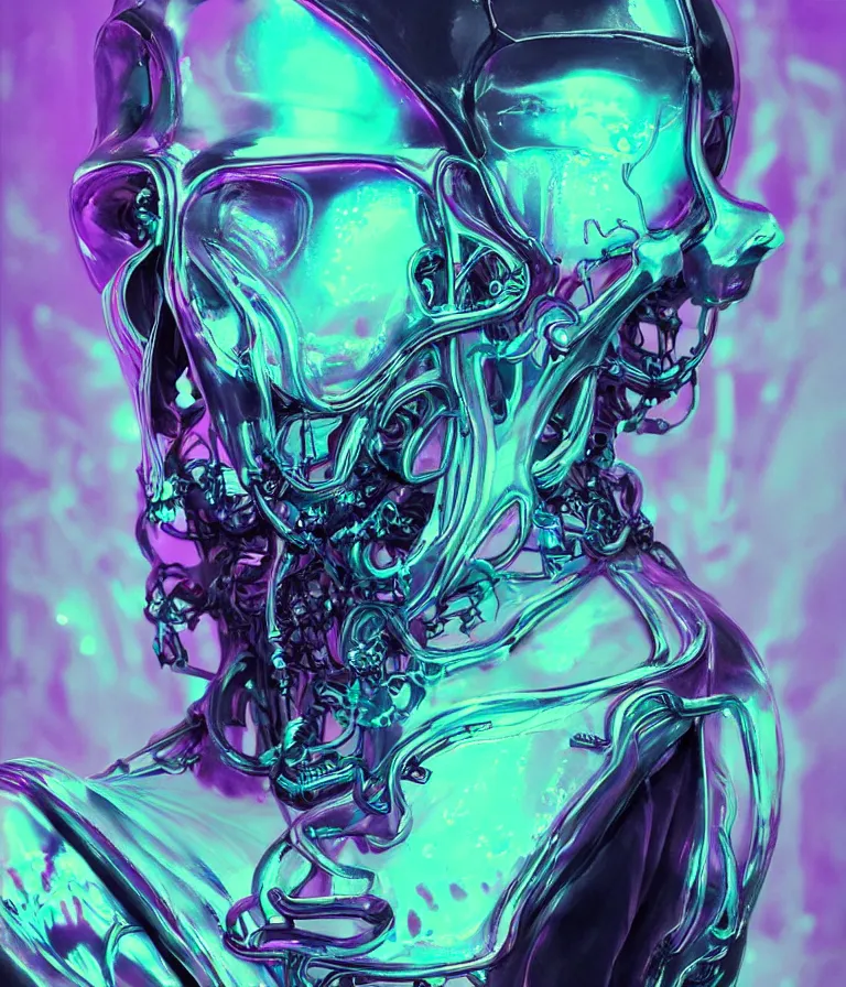 Image similar to fully symmetrical centered iridescent portrait of a beautiful princess of death in robe. skulls artificial muscles, ribcage, bones, hard surface modelling. cyberpunk look. biomechanical mask. bio luminescent biomechanical halo around head. neon jellyfish. artwork by jarold Sng by artgerm, by Eddie Mendoza, by Peter mohrbacher by tooth wu, unreal engine, octane render, cinematic light, high details, iridescent colors, dichroic, macro, depth of field, blur