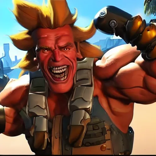 Image similar to a screenshot of arnold schwarzenegger as junkrat in overwatch