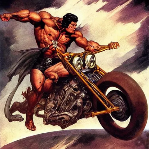 Image similar to muscular man riding motorcycle flying through the air from demons, into glory ride, artwork by Frank Frazetta