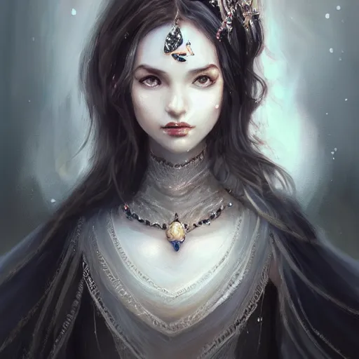 Image similar to beautiful girl, whimsical portrait, ice magic, long face, sharp features, dark hair, dark robe, intricate, elegant, highly detailed, cgsociety, trending on artstation, dnd, castle background, warm light, concept art, illustration