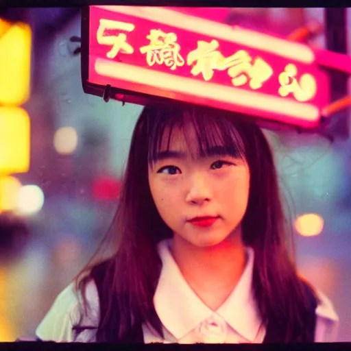 Prompt: 1990s perfect 8K HD professional cinematic photo of close-up japanese schoolgirl posing in alleyway with neon signs, at evening during rain, at instagram, Behance, Adobe Lightroom, with instagram filters, depth of field, taken with polaroid kodak portra