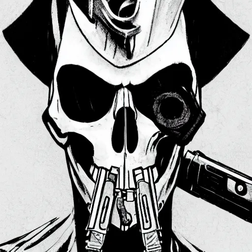 Image similar to a close shot of a grim reaper as gunsliger man in trigun series, skull face, movie shot, anime, hightly detailed, rescalated 4 k, detailed