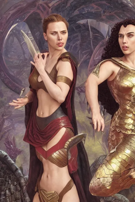 Image similar to A fantasy comic book style Oil Painting portrait of Scarlett Johansson and Gal Gadot, as Atlantean Reptilian Warriors, Mystical Valkyrie, unreal 5, DAZ, hyperrealistic, octane render, Regal, Refined, Detailed Digital Art, RPG portrait, William-Adolphe Bouguereau, Michael Cheval, Walt Disney (1937), François Boucher, Steampunk, Josephine wall, dynamic lighting, Highly Detailed, Cinematic Lighting, Unreal Engine, 8k, HD