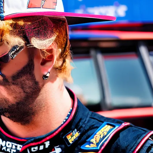 Image similar to portrait photograph of Riff Raff as a NASCAR driver, 4k photo depth of field